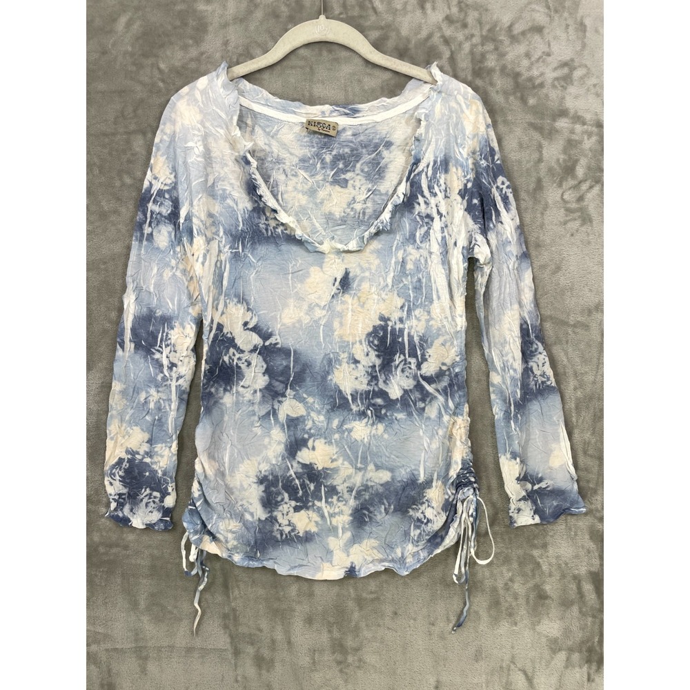 Kisca By Komarov Crinkle Long Sleeve Top Size 2 (M ) Blue Tie Dye Ruffle Neck